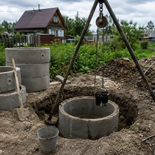 Глубокий колодец в процессе копки, кольца рядом с шахтой